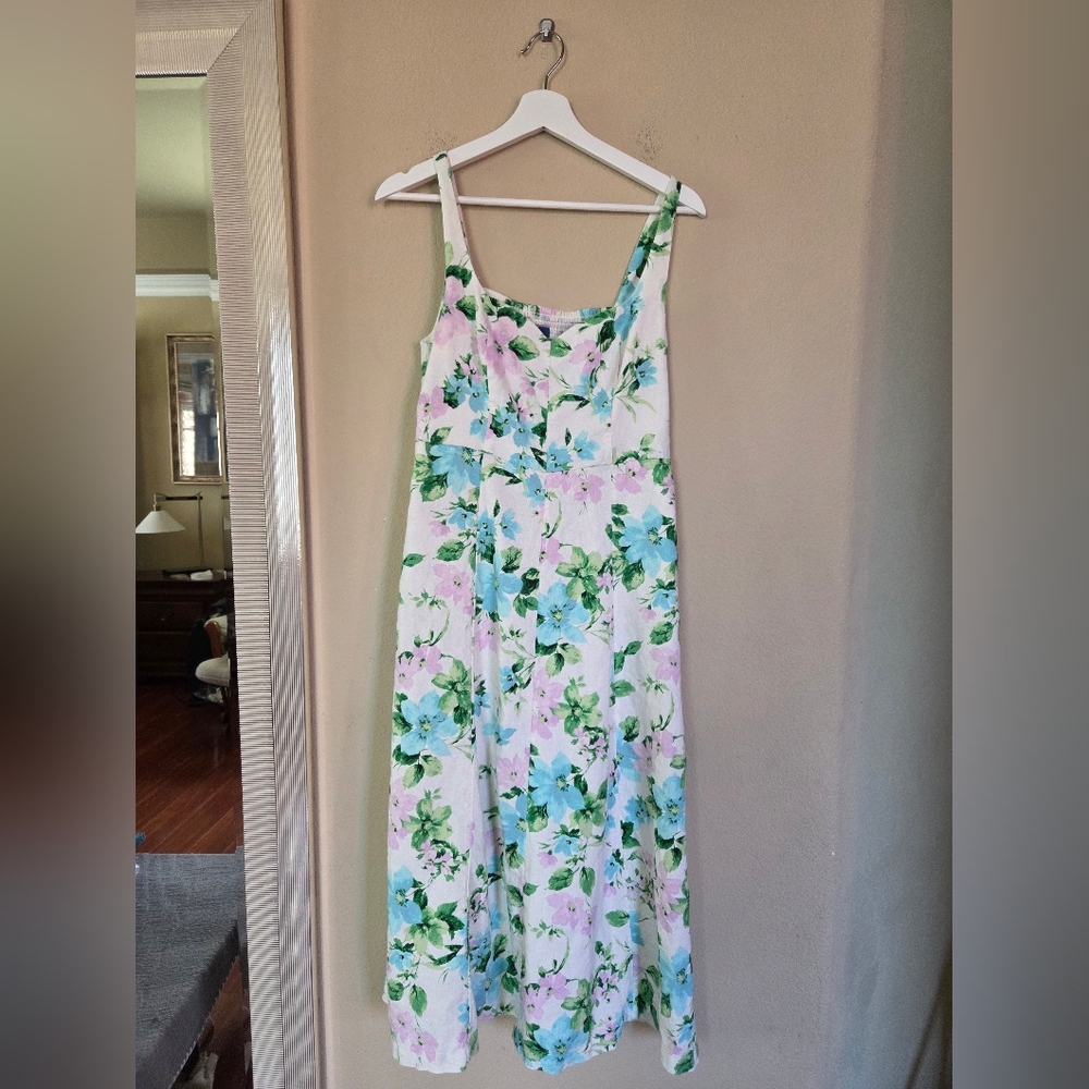 Old Navy Linen Blend Floral Corset Midi Sundress Pockets